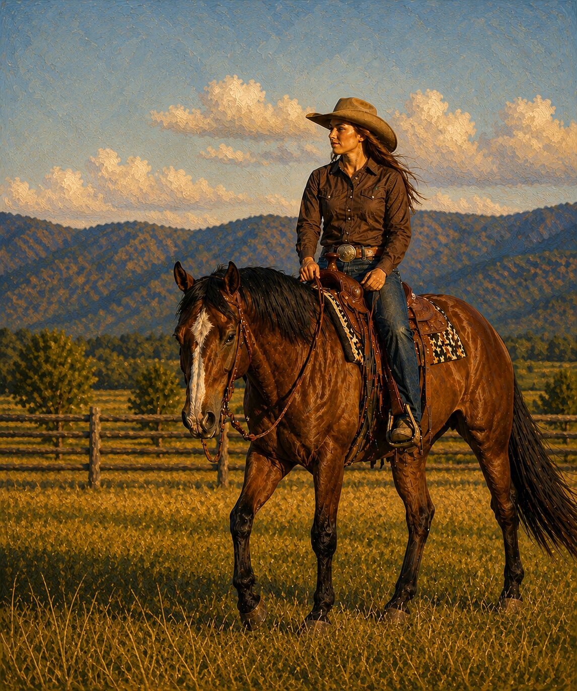 Cowgirl on horseback in golden field