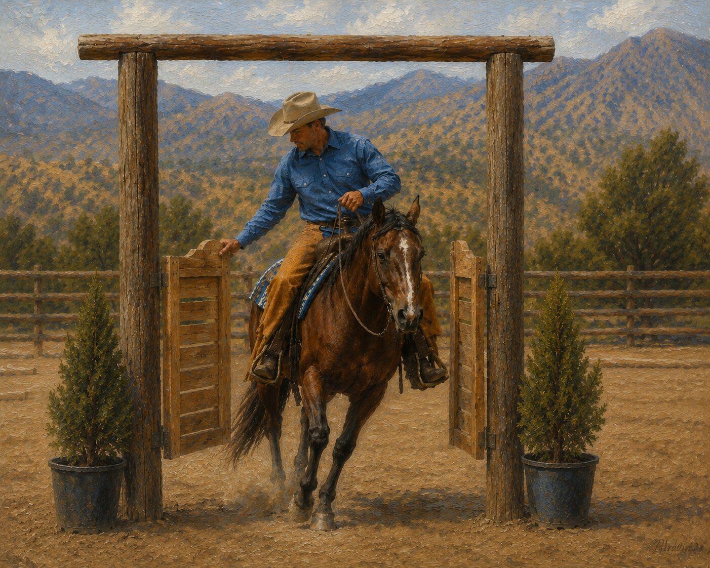 Cowboy riding through a gate