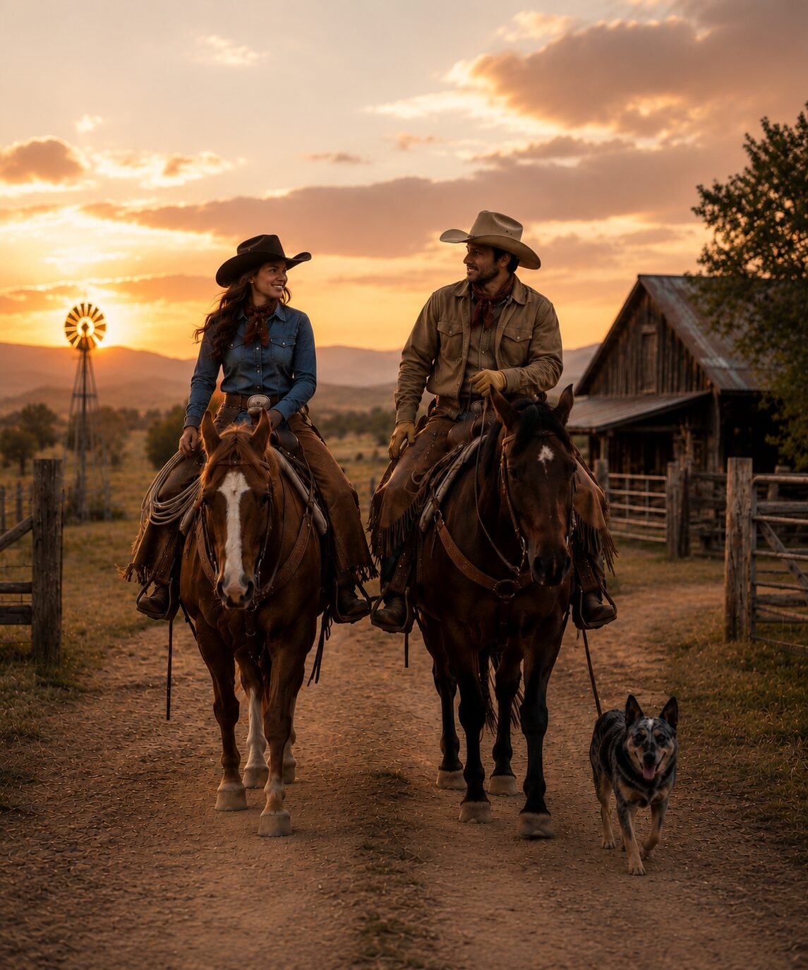 Western riders at sunset on a ranch