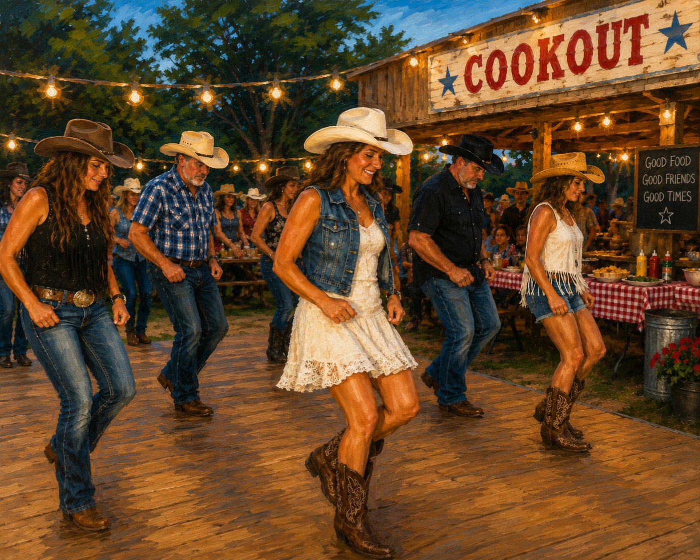 Ranch cookout — line-dancers under the string lights