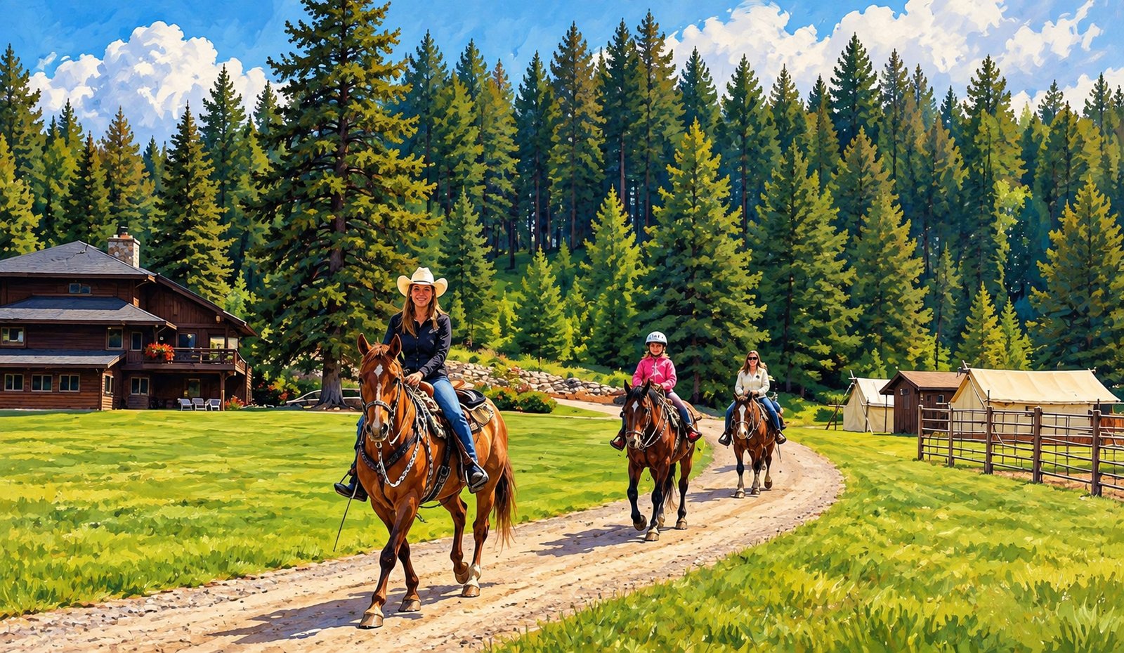Guests on horseback riding through a pine-forested guest ranch in painterly light